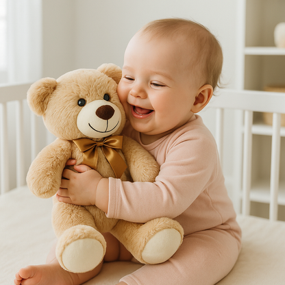 bebe souriant embrassant ours en peluche